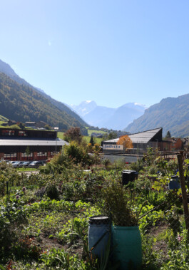 Blick zum Tödi Pulverturm Schwanden Logo Atelier Freienstein